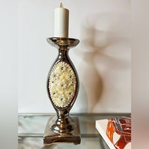 Style Candleholder Pillar Pedestal with Rhinestone Pearl Floral Decor